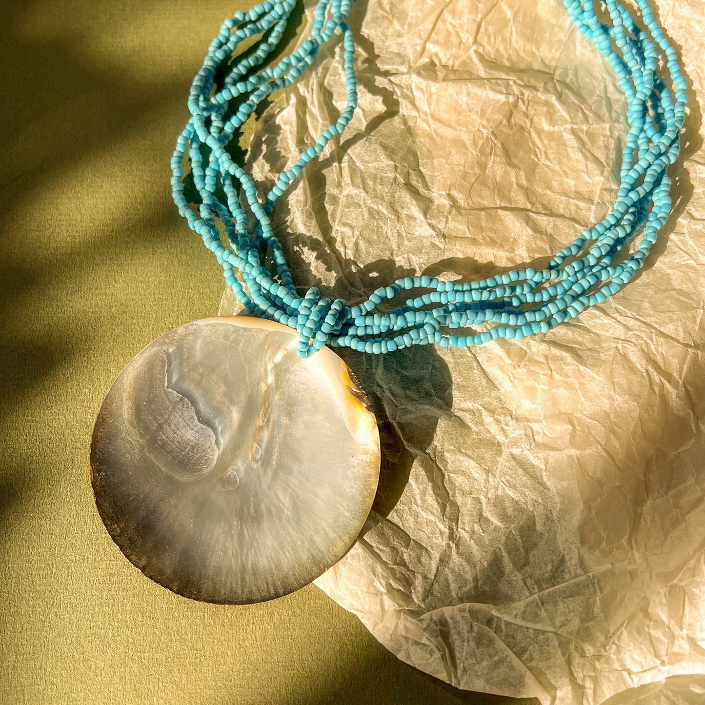 1960s Turquoise Beaded Necklace With Mother of Pearl Shell