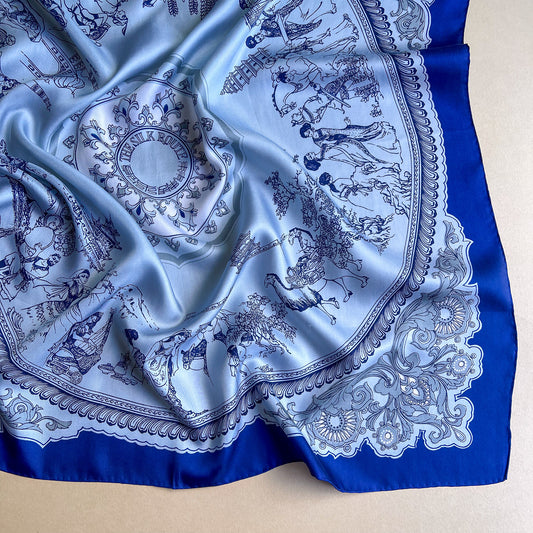 1960s Silk Route Print Scarf With Blue Border