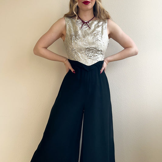 1960s Silver Metallic Wide Leg Jumpsuit (S)