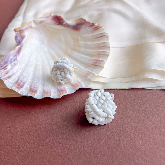 1960s Small White Beaded Cluster Stud Earrings