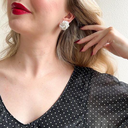 1960s Small White Beaded Cluster Stud Earrings