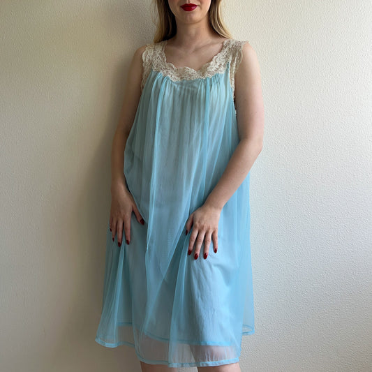 1960s Soft Blue Nylon Nightgown With White Lace (M/L)
