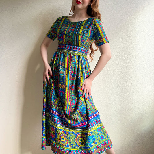 Vibrant 1960s Teal and Lime Retro Print Maxi Dress (M)