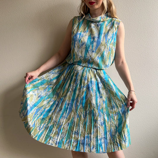 1960s Teal and Sage Abstract Print Dress (M)