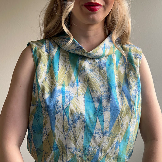 1960s Teal and Sage Abstract Print Dress (M)