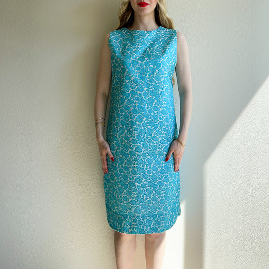 1960s Turquoise Floral Embroidered Shift Dress (S/M)