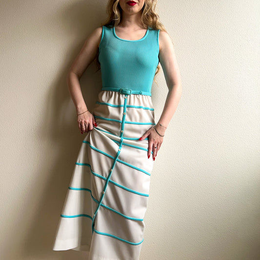 1960s I. Magnin Turquoise and White Maxi Dress (XS/S)