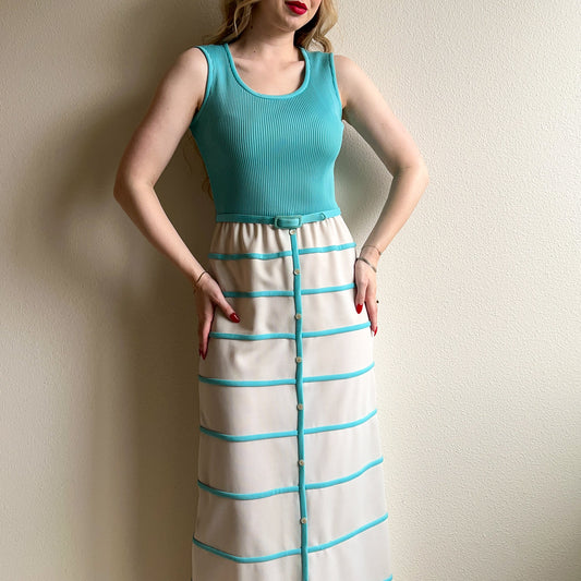 1960s I. Magnin Turquoise and White Maxi Dress (XS/S)