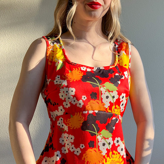 Vibrant 1960s Red Floral Midi Dress (L)