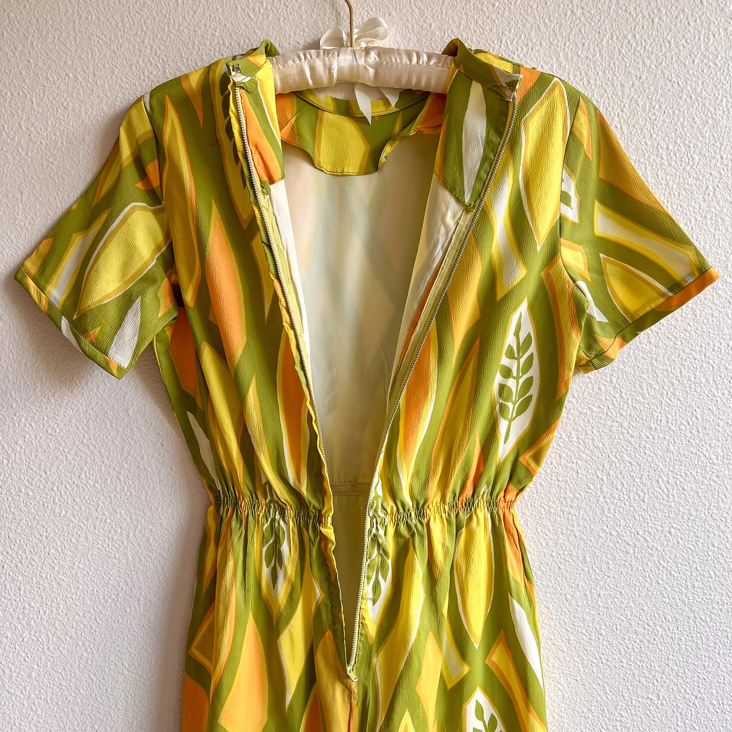 1960s Yellow and Green Wheat Print Dress (S/M)