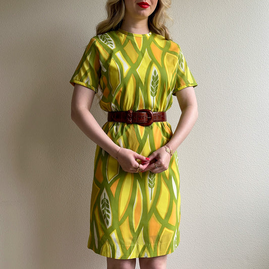 1960s Yellow and Green Wheat Print Dress (S/M)