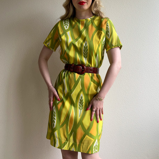 1960s Yellow and Green Wheat Print Dress (S/M)