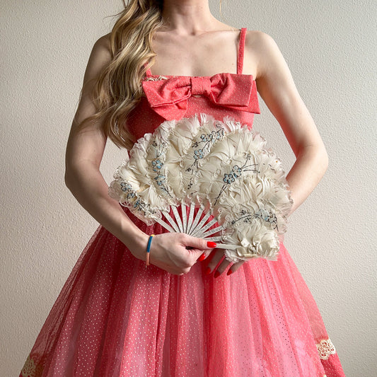 1960s White Feathered Fan Wtih Glitter and Sequins