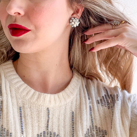 1960s White and Gray Pearl Cluster Earrings