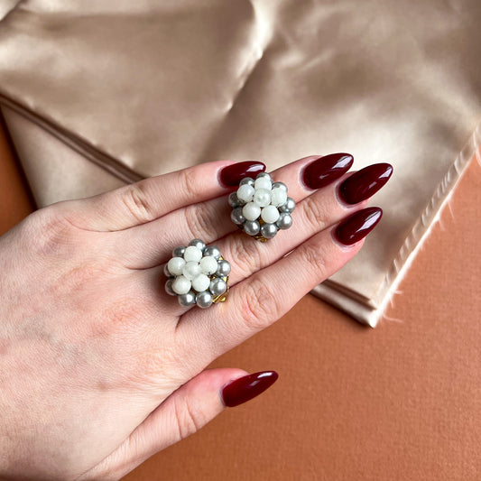 1960s White and Gray Pearl Cluster Earrings