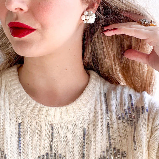 1960s White Pearlescent Beaded Stud Earrings