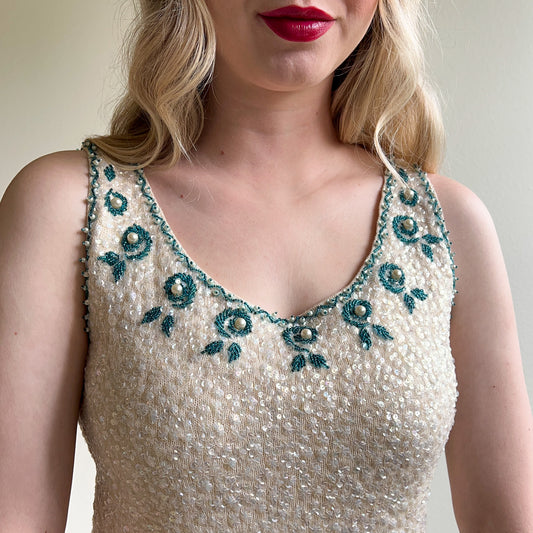 1960s White Sequined Top With Blue Beading (M)