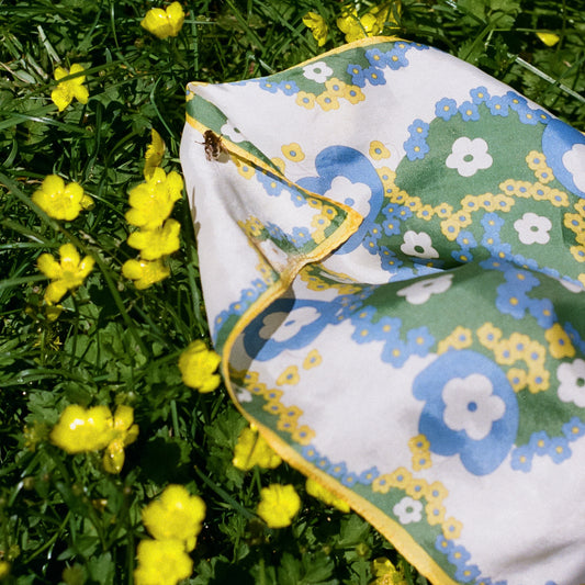 1960s Blue and Yellow Floral Silk Scarf