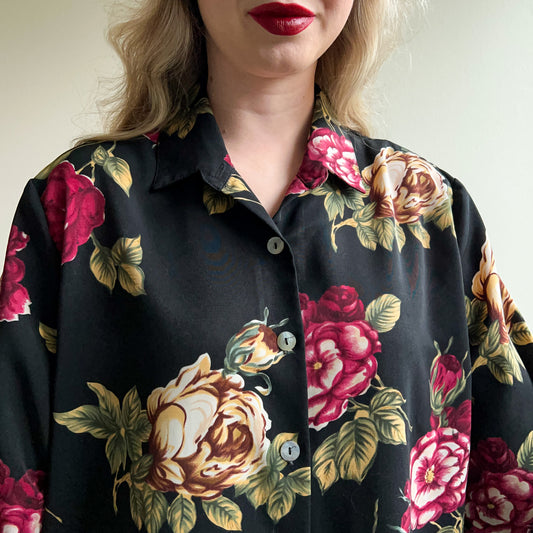 1970s Black Blouse With Blooming Roses (L/XL)