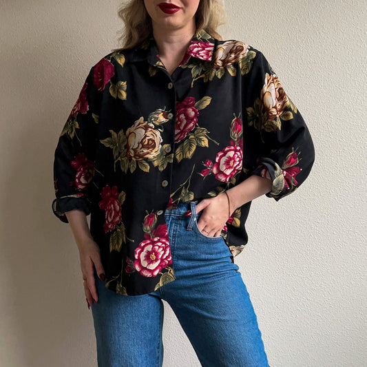 1970s Black Blouse With Blooming Roses (L/XL)