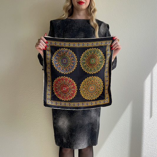 1970s Black Silk Scarf With Four Ornate Circles