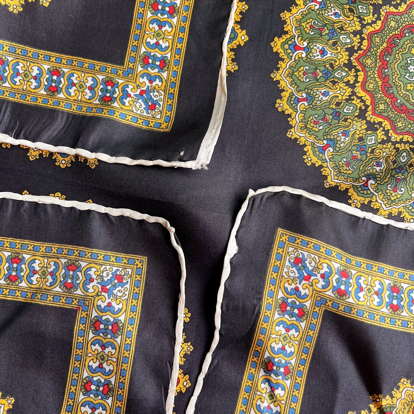 1970s Black Silk Scarf With Four Ornate Circles