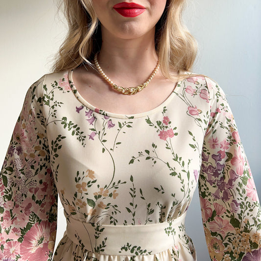 1970s Black and White Ombre Dress With Floral Print (S/M)