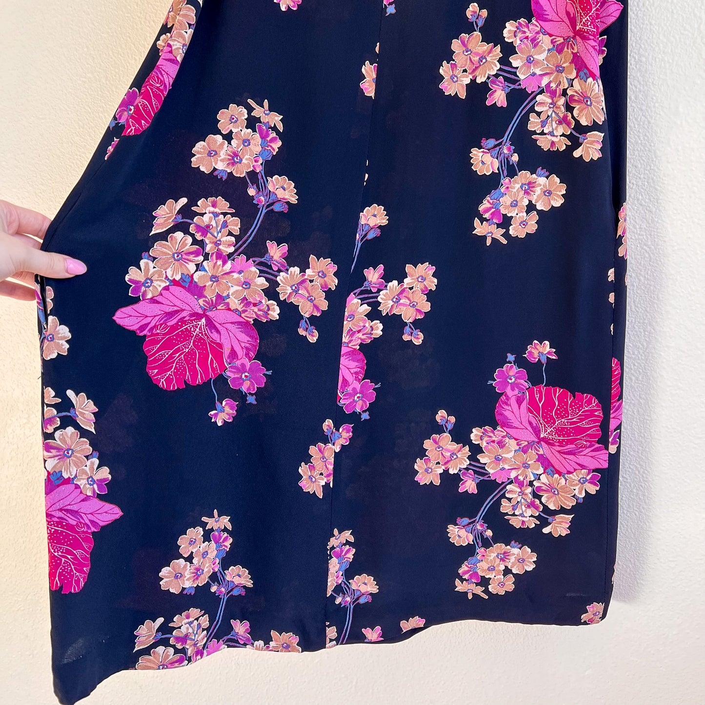1970s Midnight Blue Dress With Purple Floral Print (S/M)