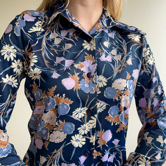 1970s Midnight Blue Floral Long Sleeve Blouse (S/M)