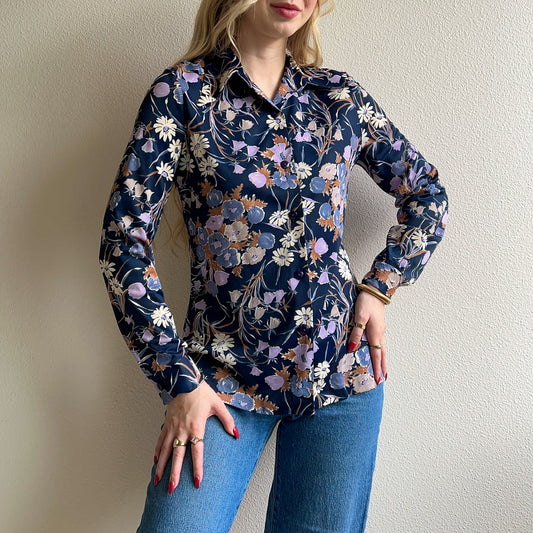 1970s Midnight Blue Floral Long Sleeve Blouse (S/M)