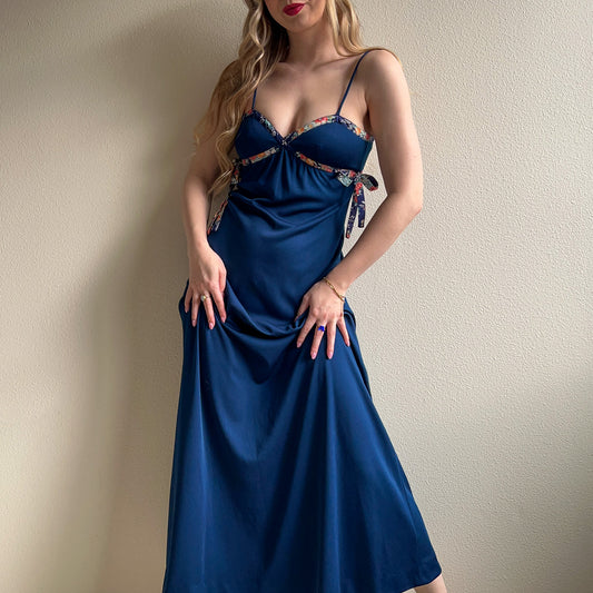 1970s Midnight Blue Maxi Dress With Floral Trim (S)