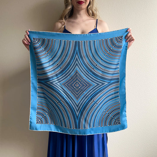 1970s Shades of Blue Pattern Silk Scarf