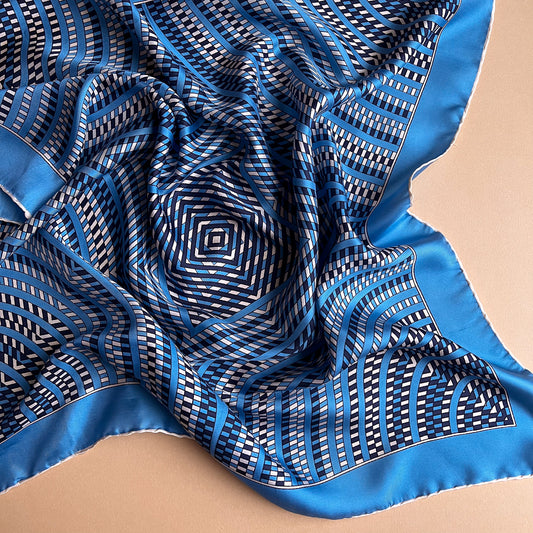 1970s Shades of Blue Pattern Silk Scarf