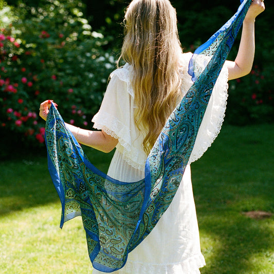 1970s Shades of Blue Paisley Print Silk Scarf