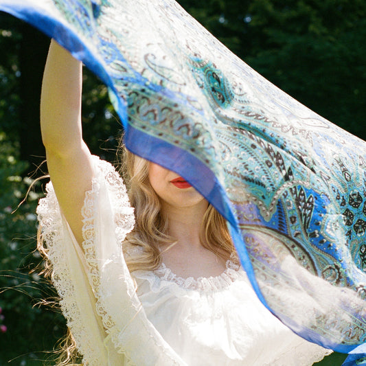 1970s Shades of Blue Paisley Print Silk Scarf