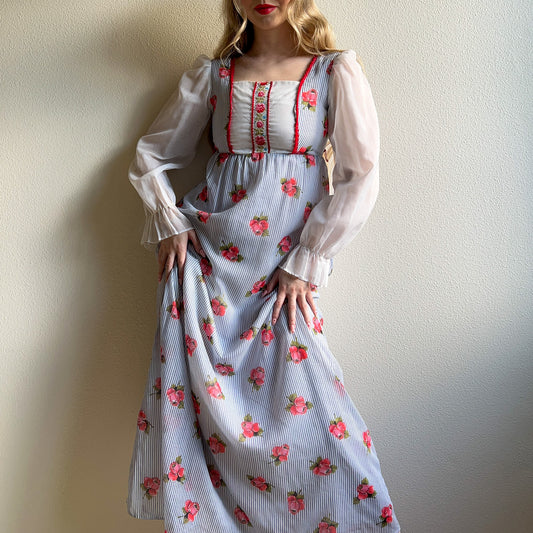 1970s Blue Striped Maxi Dress With Rose Print (S/M)