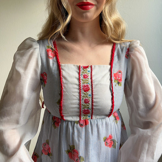 1970s Blue Striped Maxi Dress With Rose Print (S/M)