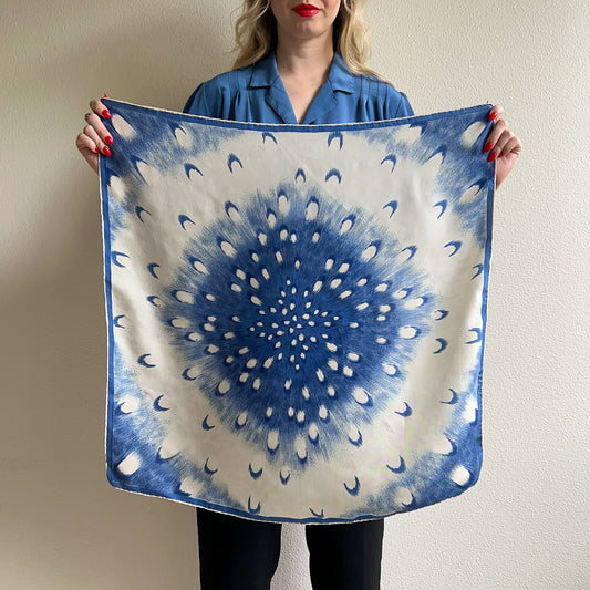 1970s Blue and White Starburst Print Silk Scarf