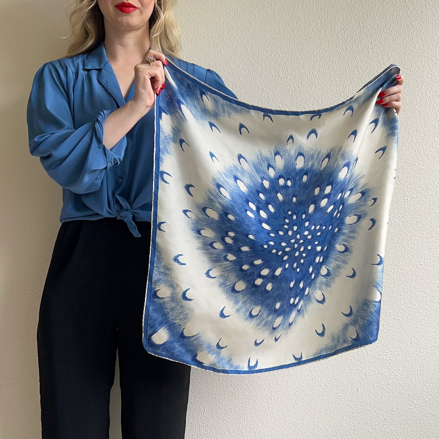 1970s Blue and White Starburst Print Silk Scarf