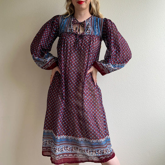 1970s Burgundy and Blue Indian Gauze Cotton Midi Dress (XS/S)