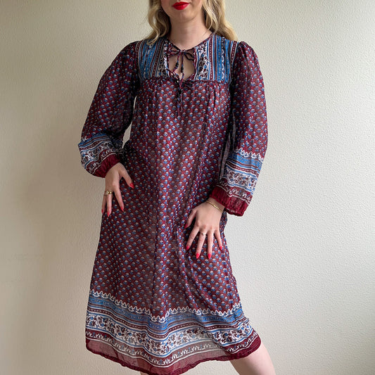 1970s Burgundy and Blue Indian Gauze Cotton Midi Dress (XS/S)
