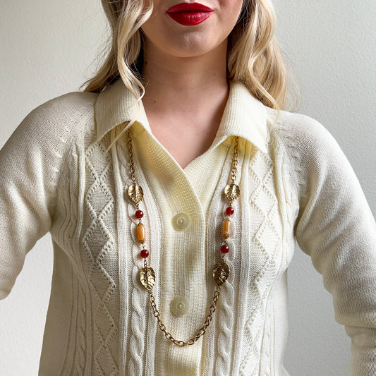 1970s Gold Autumnal Leaves Long Necklace