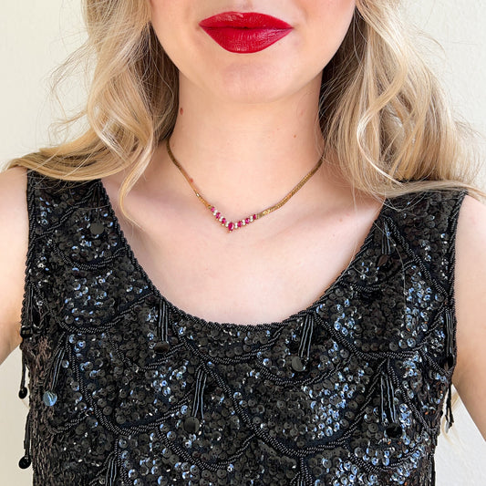 1970s Gold Herringbone Necklace With Pink Rhinestones