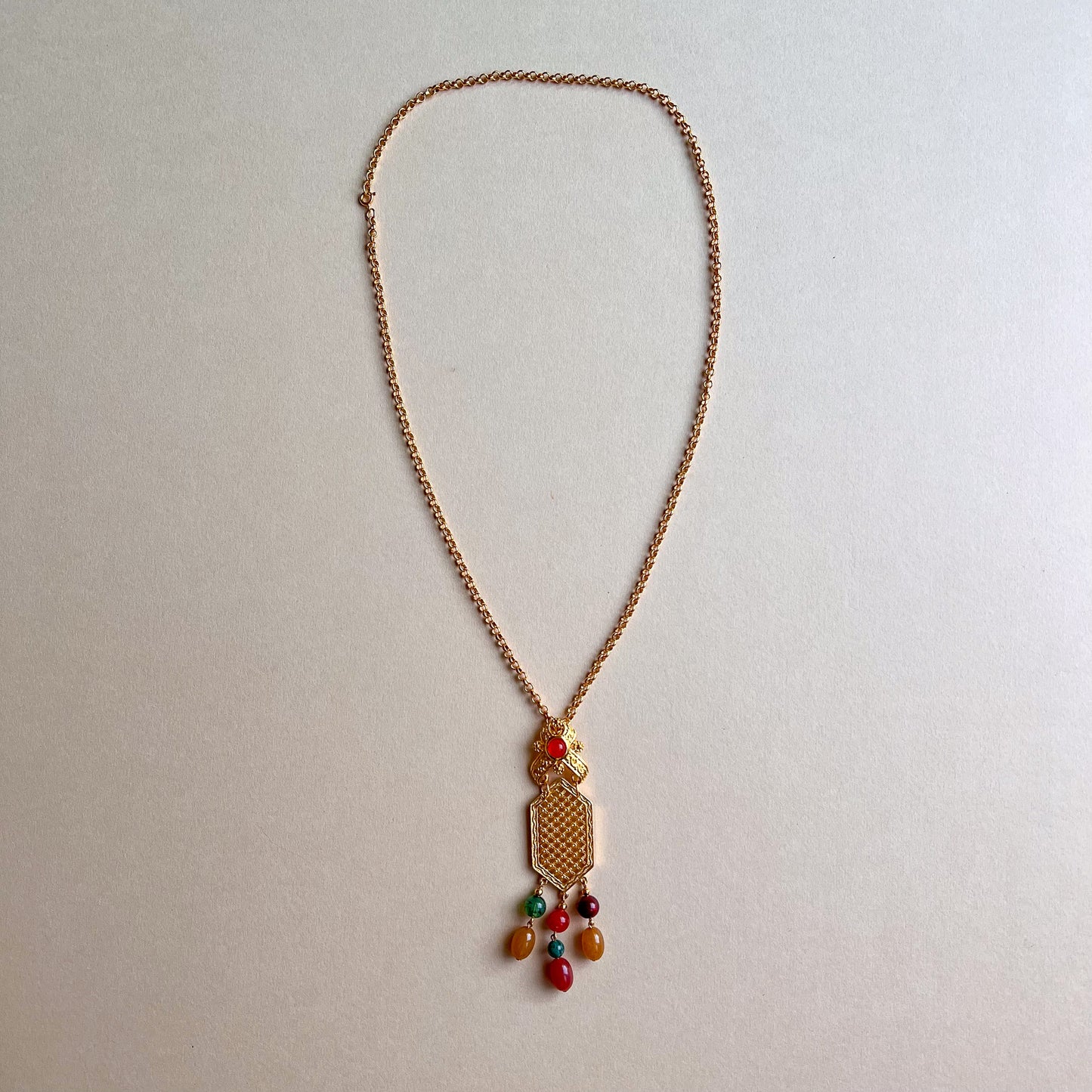 1970s Long Gold Necklace With Fringe Gemstones