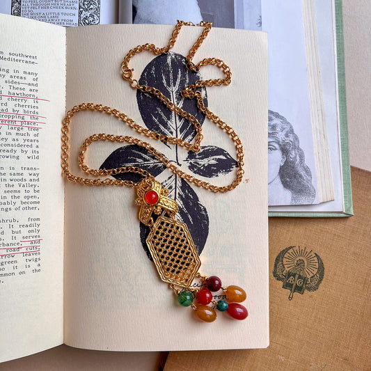 1970s Long Gold Necklace With Fringe Gemstones