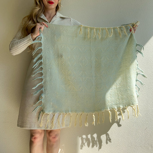 1970s Mint and Cream Hand Knit Scarf