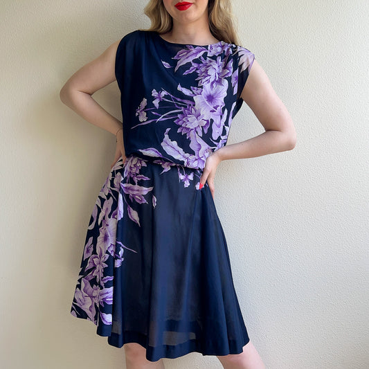 1970s Navy Summer Dress With Purple Floral Print (M/L)