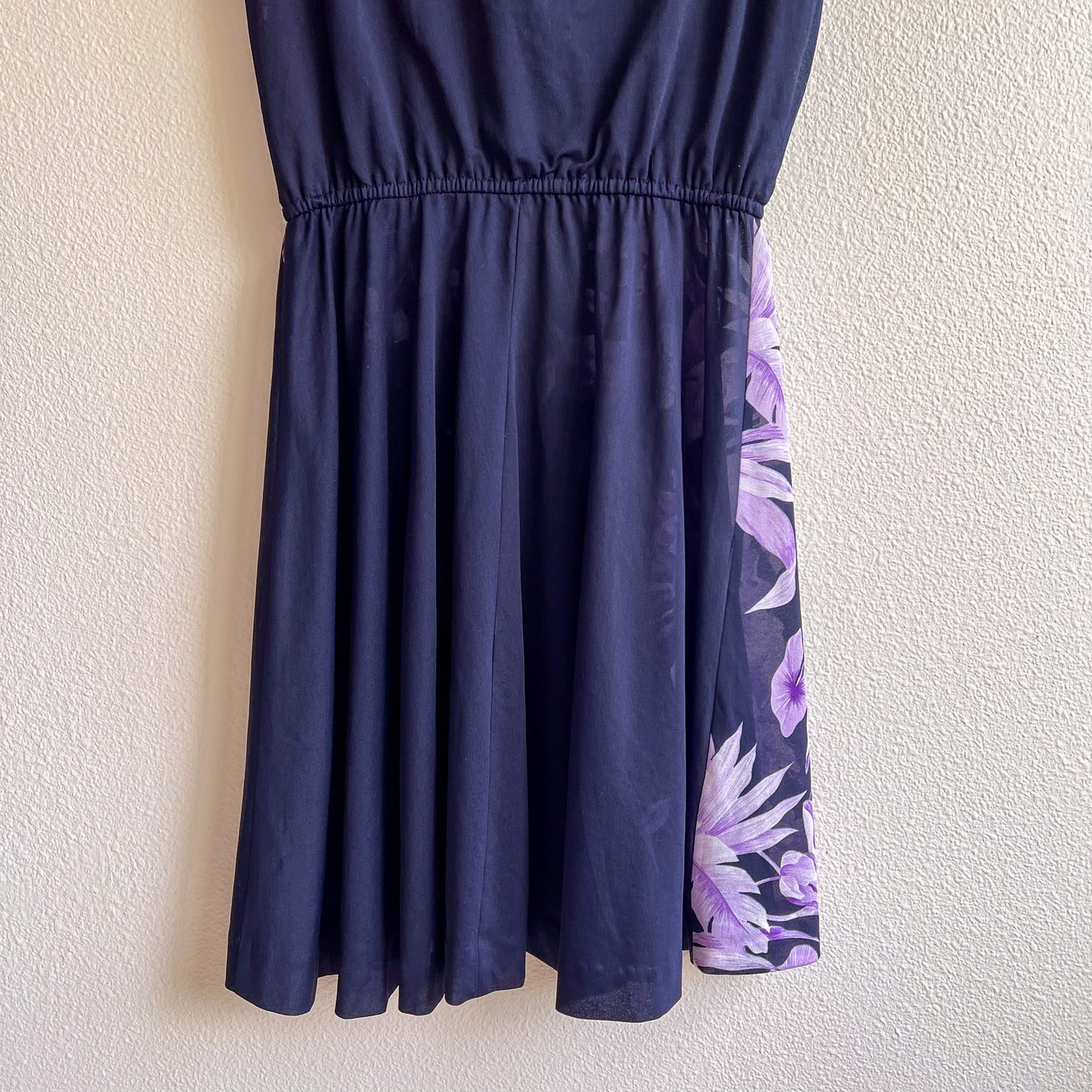 1970s Navy Summer Dress With Purple Floral Print (M/L)