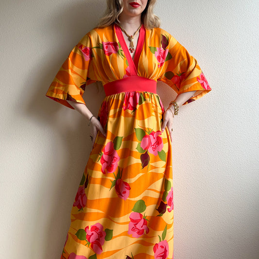 Vibrant 1970s Orange Maxi Dress With Pink Rose Print (S/M)