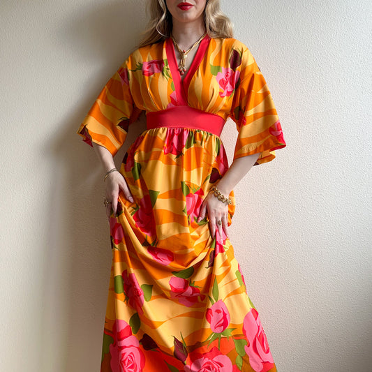 Vibrant 1970s Orange Maxi Dress With Pink Rose Print (S/M)